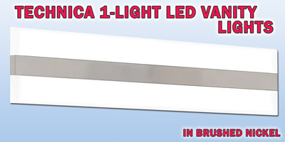 Ashley Harbour Technica 1-light LED vanity lights, our price $39, compare online for 144.48. Brushed nickel fixture with white acrylic shade, item number DS19188. 24 inches wide by 3 and 3 quarter inches deep by 4 and 3 quarter inches high. Dimmable LED bulbs included. Can be installed vertical or horizontal. Styles may vary by store. Hurry in for best selection. These are a special buy folks, so when they’re gone, they’re gone!