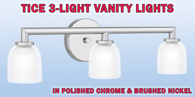 Ashley Harbour Tice 3-light vanity lights, our price $39, compare online for $89.48. Two finishes with frosted glass shades – polished chrome, item number DS19221A and brushed nickel, item number DS19221A1. 22 inches wide by 6 and a half inches deep by 6 and a half inches high. Dimmable when paired with dimming-compatible bulbs. Can be installed facing up or down. Styles may vary by store. Hurry in for best selection. These are a special buy folks, so when they’re gone, they’re gone!