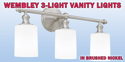 Ashley Harbour Wembley 3-light vanity lights, our price $39, compare online for $153.48. Brushed nickel fixture with frosted glass shades, item number DS19224A. 22 inches wide by 6 and a half inches deep by 10 and 3 quarter inches high. Dimmable when paired with dimming-compatible bulbs. Can be installed facing up or down. Styles may vary by store. Hurry in for best selection. These are a special buy folks, so when they’re gone, they’re gone!