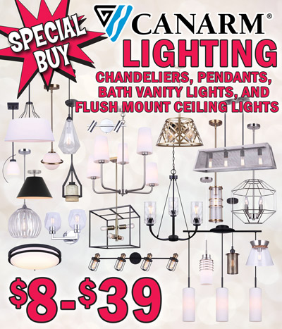 Special Buy Canarm Lighting, chandeliers, pendants, bath vanity lights, and flush mount ceiling lights $8 to $39