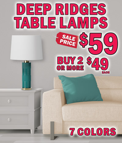 Deep Ridge Table Lamps sale price $59, buy 2 or more $49 each, 7 colors