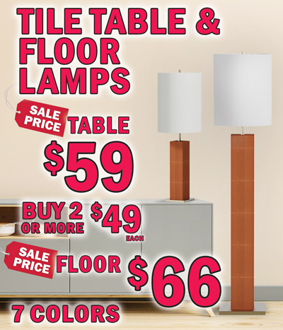 Tile Table and Floor Lamps - table lamps sale price $59, buy 2 or more $49 each and floor lamps sale price $66, 7 colors