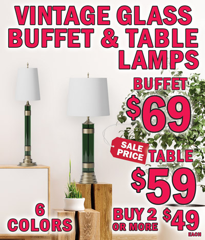 Vintage Glass Buffet and Table Lamps – table lamps sale price $59, buy 2 or more $49 each and buffet lamps $69, 6 colors