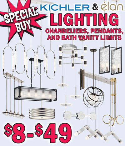 Special Buy Kichler and Elan Lighting, chandeliers, pendants, bathroom vanity light, and flush ceiling downlight $8 to $49, compare online for $25.49 to $425.52. Available in 7 stores only – Birmingham Irondale, Chattanooga, Chesapeake, Columbia, Knoxville, Mobile, and Nashville. Fole 2-light reclaimed wood L E D pendant $19, item number 44183VTGLED. Flush Mount L E D downlight $8, item number 43848OZLED40T. Forge 4-light L E D pendant $29, item number 43980BK. Roswell 4-light L E D pendant $29, item number 433390NI. Potomi 5-light L E D chandelier $29, item number 44372CLP. Kerti 1-light L E D pendant $19, item number 44017OZ. Amaryliss 3-light L E D chandelier $39, item number 44131PN. Tilson 1-light L E D mini pendant $19, item number 52149WH. Elan Bonham 3-light L E D chandeliers in 2 finishes $39 each, chrome item number 84164 and champagne gold item number 84166. Elan Vey 9-light L E D chandelier $39, item number 84123. Lasus 6-light L E D chandelier $49, item number 44347PNLED. Elan Avedu 2-light L E D pendant $29, item number 84138. Elan Avedu 6-light L E D chandelier $49, item number 84137.