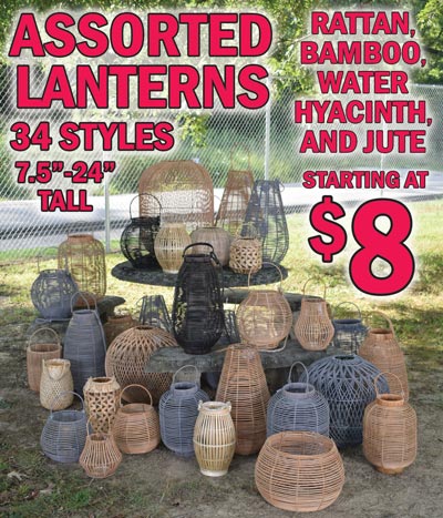 Assorted Lanterns in Rattan, Bamboo, Water Hyacinth, and Jute - 34 Styles 7 and a half inches to 24 inches tall - $8 to $39