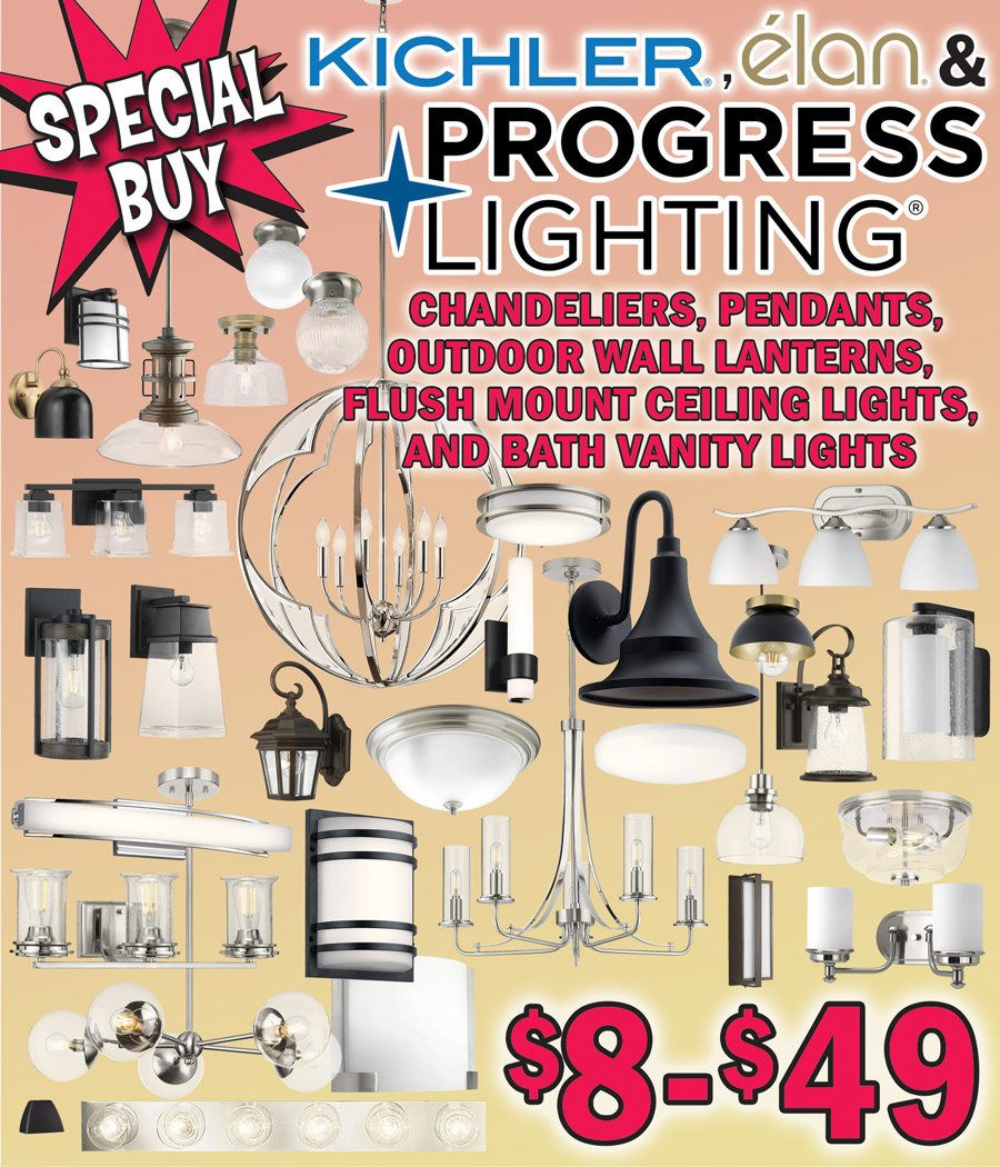 Special Buy Kichler, Elan, and Progress Lighting $8 to $49, chandeliers, pendants, outdoor wall lanterns, flush mount ceiling lights, and bath vanity lights