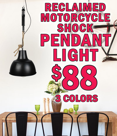 Reclaimed Motorcycle Shock Pendant Lights $88 in 3 colors