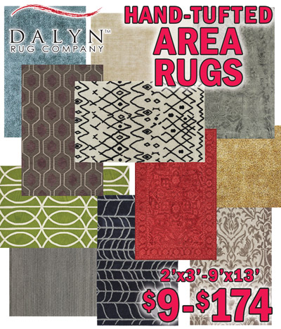 Dalyn Hand Tufted Area Rugs $9 to $174, 2 feet by 3 feet scatters to 9 feet by 13 feet area rugs.