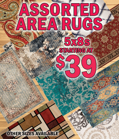 Assorted Area Rugs, 5 feet by 8 feet starting at $39