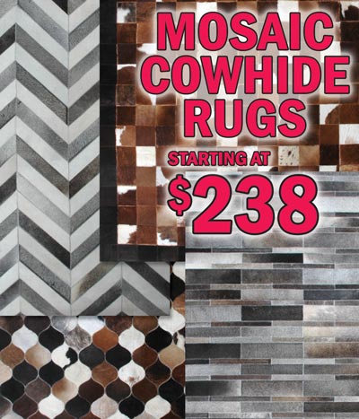 Premium Mosaic Cowhide Rugs in 3 sizes - 5 by 8 foot $238 to $540, 6 by 9 foot $322 to $749, 8 by 10 foot $477 to $988. One-of-a-kind works of art for your home. Our mosaic cowhide rugs are hand pieced to create bold geometric designs including chevron, stripe, tile look, chain link, scallop, and diamond shapes. These premium rugs are naturally resistant to spills and stains. Each is unique. Styles, colors, and sizes may vary by store.