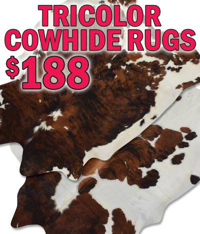 Tricolor Cowhide Rugs $188, oversized 32 to 54 square feet, item numbers CURTIDOSTR1 and TRICOLOR. Tricolor Cowhides have distinctive bold patterns with subtle brindle tones. These charming, elegant rugs go with sleek industrial interiors, country casual, western rustic, European modern, and boho chic.