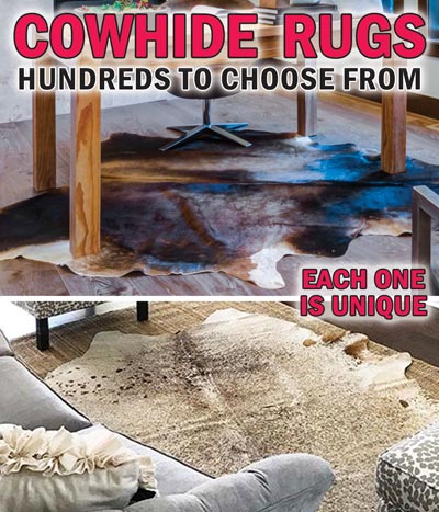 Cowhide Rugs - hundreds to choose from in a variety of styles, colors, and sizes. Each one is unique. These classic rugs will never go out of style - from country casual and western rustic to sleek industrial interiors, European modern, and boho chic. Cowhide rugs add warmth and texture to any room, whether you put them on the floor, the wall, or drape them over furniture.