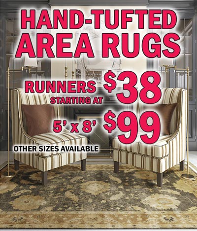 Hand Tufted Area Rugs, runners starting at $38, 5 feet by 8 feet $99, other sizes available