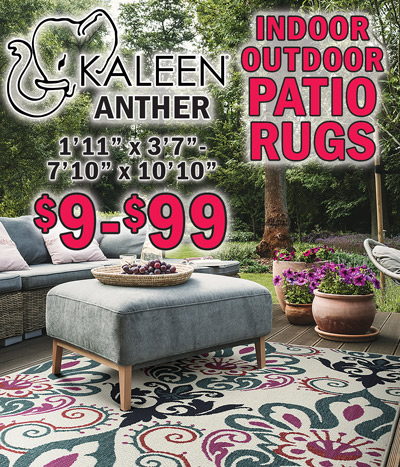 Kaleen Anther Indoor Outdoor Patio Rugs $9 to $99, 1 foot 11 inches by 3 feet 7 inches to 7 feet 10 inches by 10 feet 10 inches