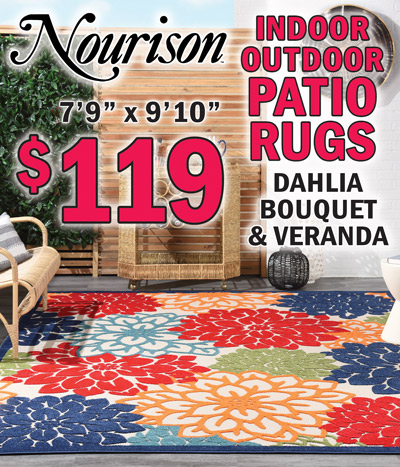 Nourison Dahlia Bouquet and Veranda Indoor Outdoor Patio Rugs $119, 7 foot 9 inches by 9 feet 10 inches