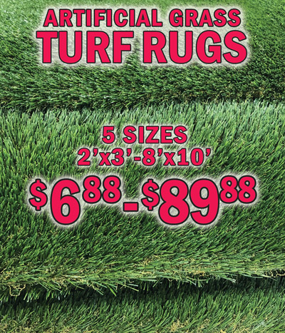 Artificial Grass Turf Rugs, 5 sizes 2 feet by 3 feet to 8 feet by 10 feet, $6.88 to $89.88