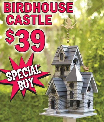 Birdhouse Castle with Dragon Weathervane – our price $39 – compare online for $99.98. 11 inches long x 8 and a half inches wide x 23 inches tall. Designed to look like a gothic castle with dramatic details like turrets and dormers. Metal dragon weathervane flies high above the castle like a golden sentinel. Single 1 and a quarter inch diameter opening attracts songbirds like wrens, titmice, chickadees, and finches. Convenient trap-door on the back facilitates easy cleaning. Constructed of hardwood and exterior-grade plywood, exterior painted with a non-toxic outdoor paint. Fitted for pole mounting, mounting post not included.