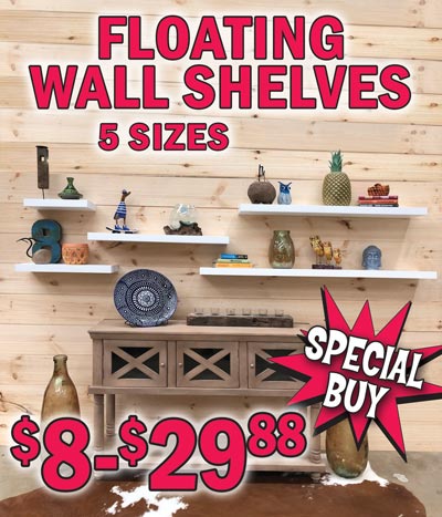 Special Buy - Floating Wall Shelves, white finish, 5 sizes our price $8 to $29.88, compare online for $29.99 to $79.99. 16 inches long $8, 24 inches long $12, 36 inches long $18, 48 inches long $24, 60 inches long $29.88. Shelves are 9 and a quarter inches deep and 2 inches tall. Unique hidden mounting design creates a floating appearance with no visible screws, connectors, or tracks. Made of MDF, a high grade composite material of recycled wood fibers and resin. It is dried and pressed to produce dense, stable sheets that do not warp or crack like wood. Sturdy construction can hold weight up to approximately 30 pounds. The simple clean lines elegantly display your favorite decor, books, collectibles, framed photos, even dishes. Perfect for kitchens, bathrooms, living rooms, bedrooms, hallways, laundry rooms, and home offices.