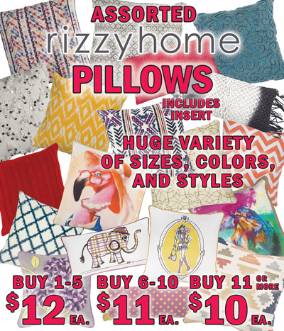 Special Buy Assorted Rizzy Home Pillows with insert in a variety of sizes styles, and colors. Buy 1 to 5 pillows for $12 each, Buy 6 to 10 pillows for $11 each, Buy 11 or more pillows for $10 each