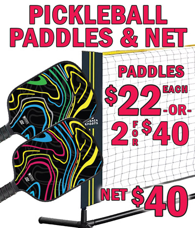 Pickleball Paddles and Net, paddles $22 each or 2 for $40, net $40