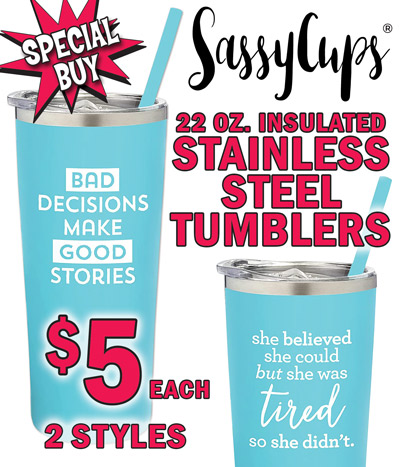 Special Buy Sassy Cups 22 ounce insulated Stainless Steel Tumblers $5 each in 2 styles