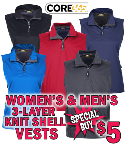 Special Buy – CORE 365 Women’s and Men’s 3-Layer Knit Shell Vests with quarter-zip front – our price $5, any color, any size, compare same vests online for $16.90 to $20.85. Women’s available in 5 colors – black, carbon, classic red, classic navy, and true royal blue in 7 sizes: extra-small, small, medium, large, extra-large, 2 X and 3 X. Men’s available in 4 colors – carbon, classic red, classic navy, and true royal blue in 3 sizes: small, medium, and large. Sizes and colors may vary by store. Lightweight and waterproof, 3-layer 100% polyester interlock bonded with 100 percent polyester birdseye mesh and center front quarter-zip reverse coil zipper with autolock slider and reflective toggle, lower concealed zippered pockets, matching chin guard, women’s style has front and back princess seams for flattering fit, 8,000 millimeter waterproof rating, 1,000 g breathability rating, machine washable. Item number ATVEST2. Add a 3-letter monogram starting at $5.