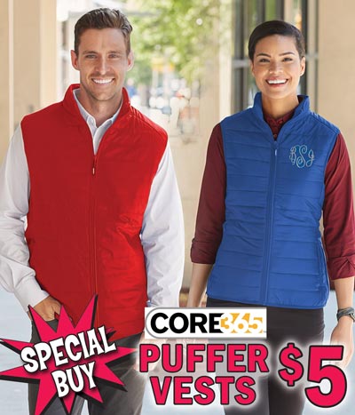 Special Buy – CORE 365 Men’s and Women’s Prevail Packable Puffer Vests – our price $5, any color, any size, compare same vests online for $21.49 to $39.40. Available in 2 colors – classic red and true royal blue in 7 women’s sizes: extra-small, small, medium, large, extra-large, 2 X and 3 X and 8 men’s sizes: small, medium, large, extra-large, 2 X and 3 X, 4 X, and 5 X, sizes and colors may vary by store. Lightweight and durable, 100 percent polyester with water-resistant finish, 80 gsm thermal poly fil insulation, center front zipper with autolock slider and reflective toggle, lower pockets with invisible zippers and deep interior pockets with audio port, stretch binding at armholes and hem, easily packs into separate storage pouch, pouch included. Item number ATVEST. Add a 3-letter monogram starting at $5.