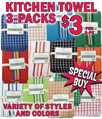 Special Buy - Kitchen Towel 3-packs, our price $3 per 3-pack, compare at $4.99 to $12.99. 100 percent cotton, 18 inches by 28 inches, waffle weave, super absorbent. Variety of styles and colors, styles and colors may vary by store. Stock up for the holidays so you have fresh towels when guests arrive! They make great gifts too. Item number HANDTOWEL3PK.