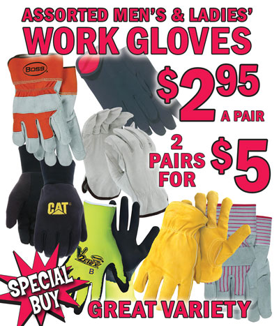 Special Buy Assorted Men’s and Ladies’ Work Gloves $2.95 a pair or 2 pairs for $5